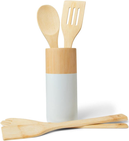 Bamboe Keukengerei In Houder Grijs