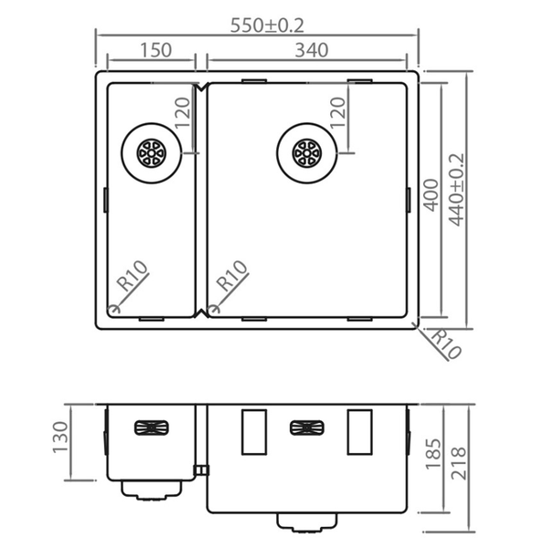 Caressi 15 x 40 + 34 x 40 CAPP1534R10G Anderhalve Spoelbak Keukenspoelbak Rechts Goud Onderbouw – Vlakbouw – Opbouw