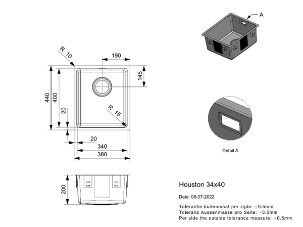 Reginox Houston 34 x 40 R32862 Enkele Keukenspoelbak RVS Onderbouw – Vlakbouw – Opbouw