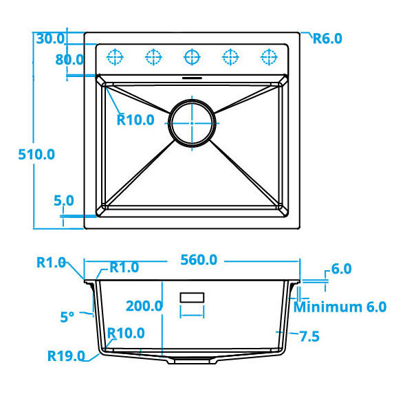 CARESSI CAGR50KRBK-TU Black Line spoelbak 560x510mm opbouw/onderbouw