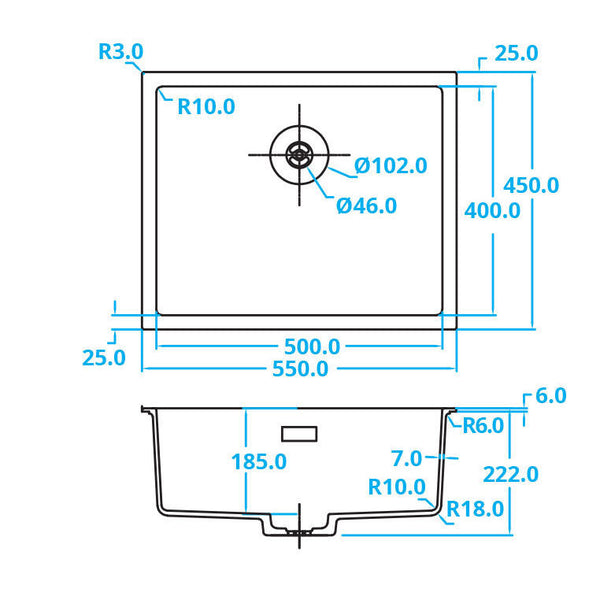 CARESSI CAGR50KRWH-TU White Line spoelbak 560x510mm opbouw/onderbouw