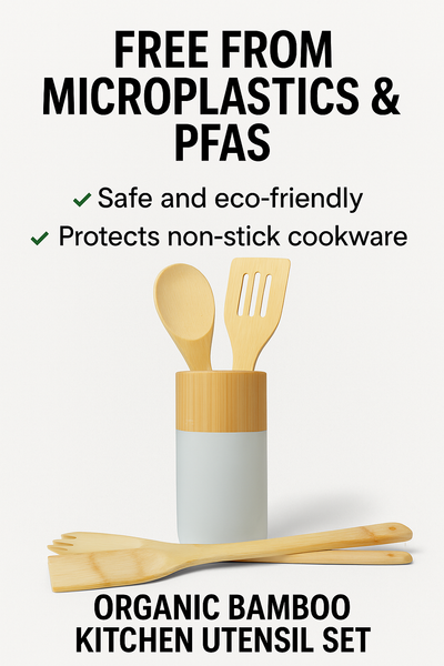 Organische Bamboe Keukengerei Set met Grijze Houder | Vrij van Microplastics & PFAS
