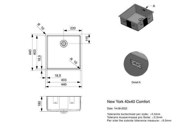 Reginox New York 40x40 (L) OKG Comfort