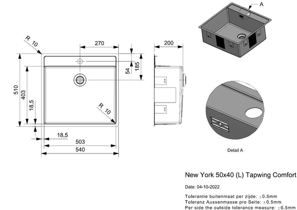 Reginox New York 50x40 Tapwing (L) OKG Comfort 1xkrg