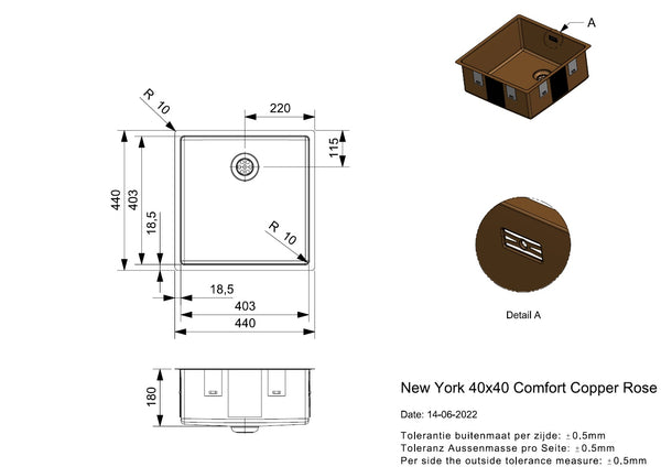 Reginox New York 40x40 (L) OKG Comfort Copper Rose