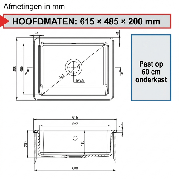 Keramische Witte Spoelbak 60 cm – Geschikt voor IKEA Keukens | Wit Hoogglans Opbouw 615 x 485 mm